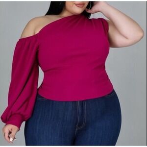 NEW Win‎ Win Pink Plus Size Top One Shoulder Bubble Sleeve Size 3XL